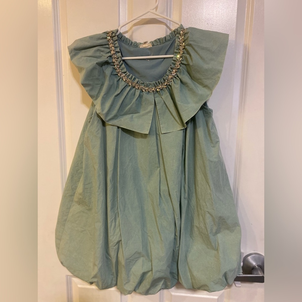 POL Sage Green Ruffled Mini Dress with Beaded Neckline
